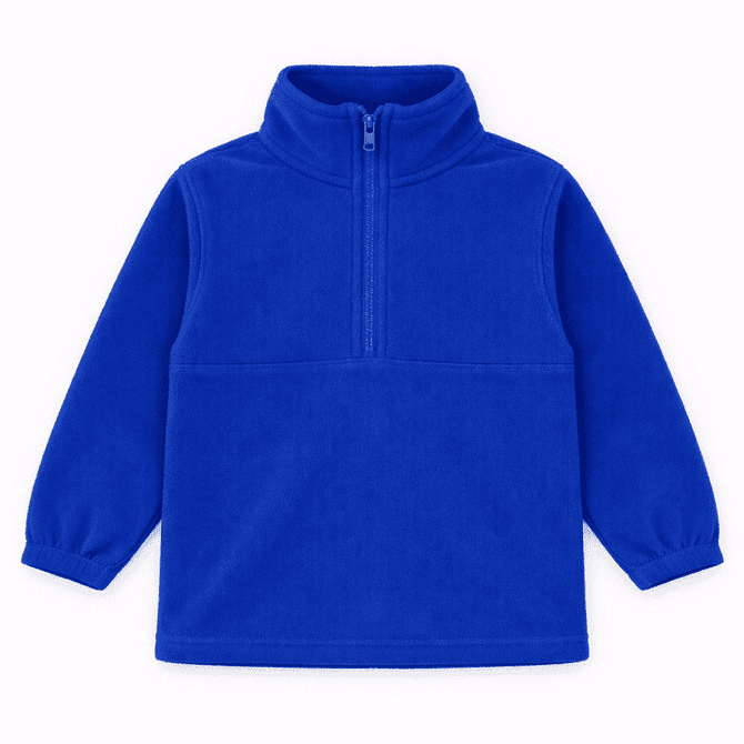 A blue polar fleece 1/4 zip jumper featuring long sleeves and a high collar, with a logo displayed.