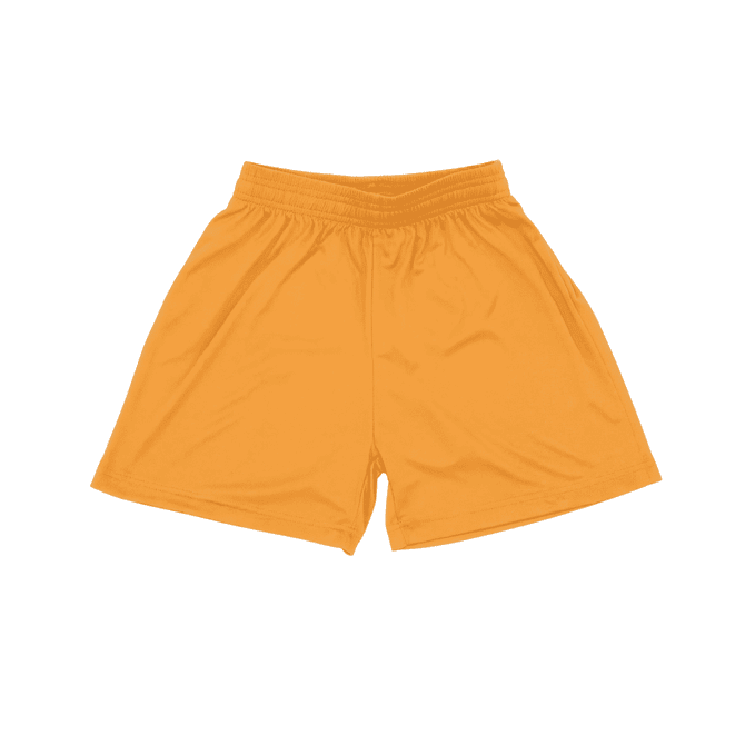 Youth Core Shorts in bright orange with an elastic waistband and a loose fit. Features branding on the shorts.
