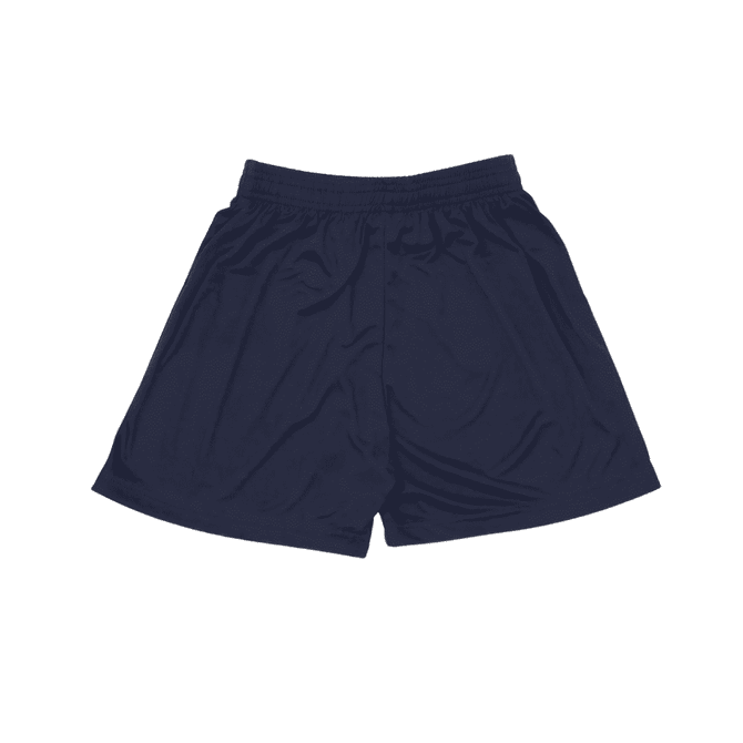 Navy blue youth shorts with an elastic waistband. Features a logo on the side.
