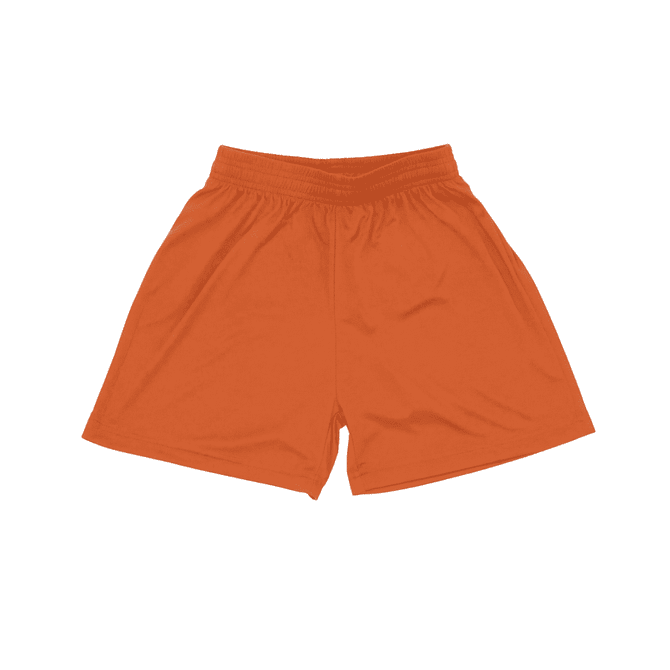 An orange pair of youth shorts with an elastic waistband and a simple design. It features a logo.