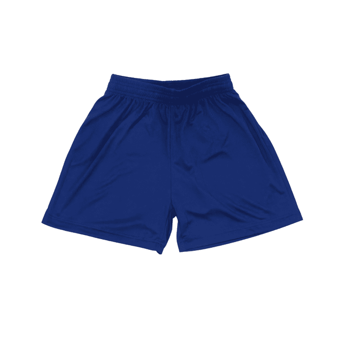 A pair of navy blue youth shorts with an elastic waistband and no visible logos.