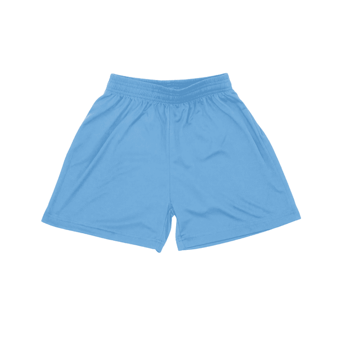 Light blue youth shorts with an elastic waistband and a logo on the front.