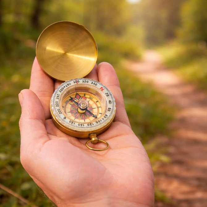 A brass compass in an open case, held in a hand, surrounded by a sunlit forest pathway.