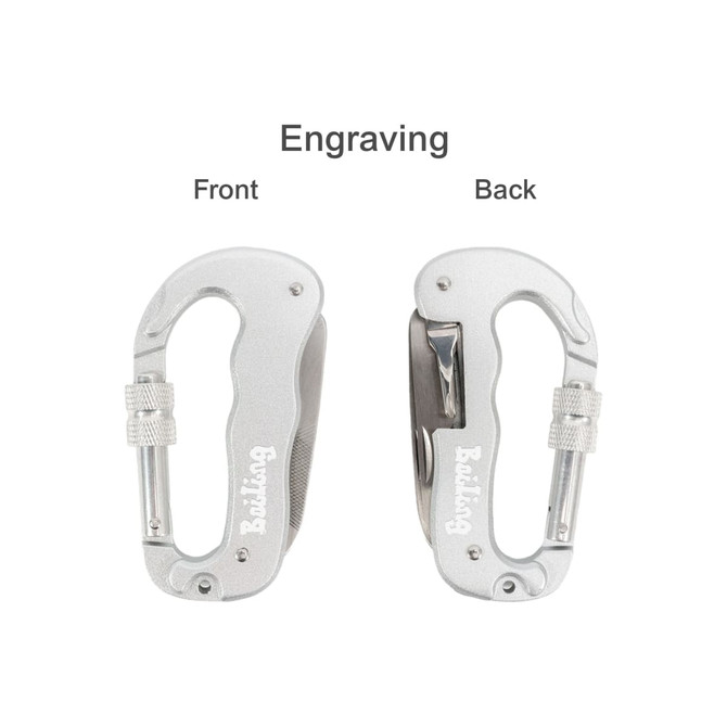A silver multifunctional carabiner featuring a front and back view, with a logo on one side.
