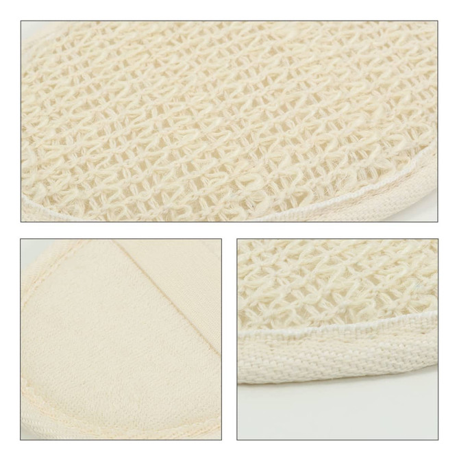 A natural, cream-coloured cotton linen bath sponge pad with a textured surface and soft edges, featuring a branding logo.