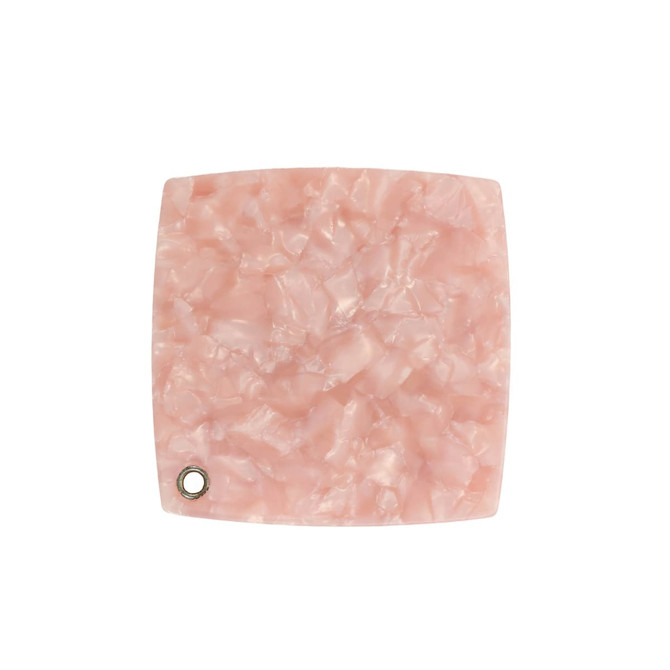 A square acetate vanity mirror in a soft pink, featuring a textured, marbled finish and a small hole for hanging.