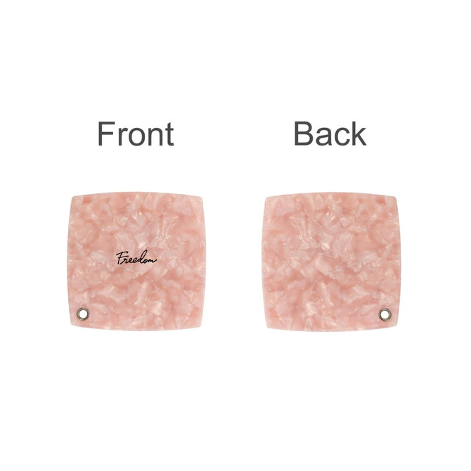 A pink acetate vanity mirror with a smooth surface, featuring a small hole for hanging and a branding logo.