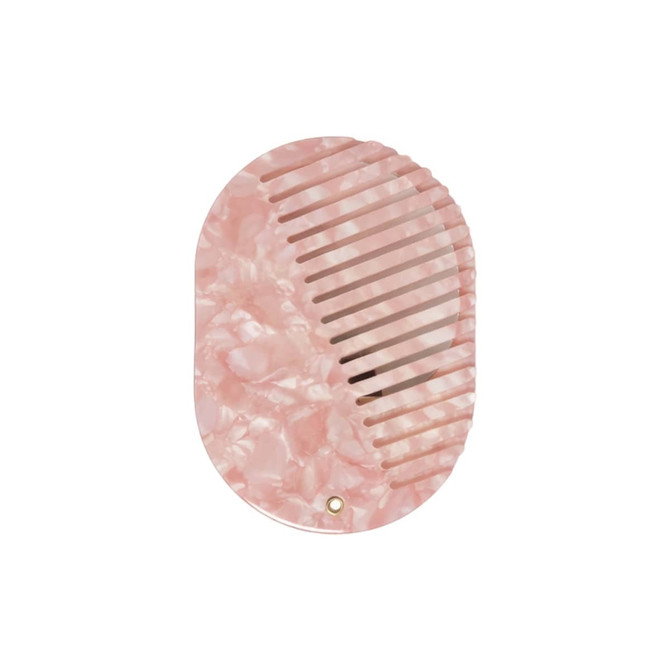 A portable acetate hair comb in a pink marbled design features a mirror on the opposite side and includes a logo.