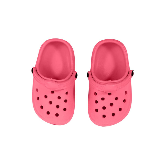 Pink pet clog slides with ventilation holes and a comfortable design. The product features a logo on the side.
