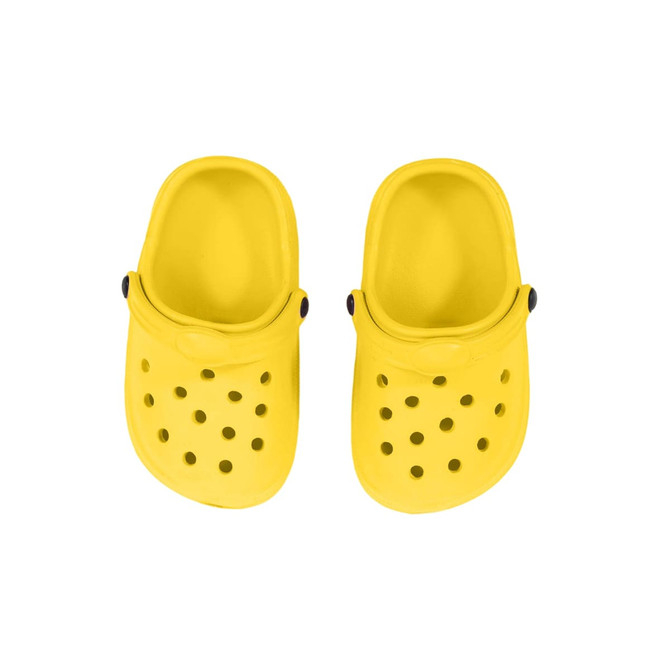A pair of bright yellow clog slides featuring multiple ventilation holes and a side strap, including a logo.