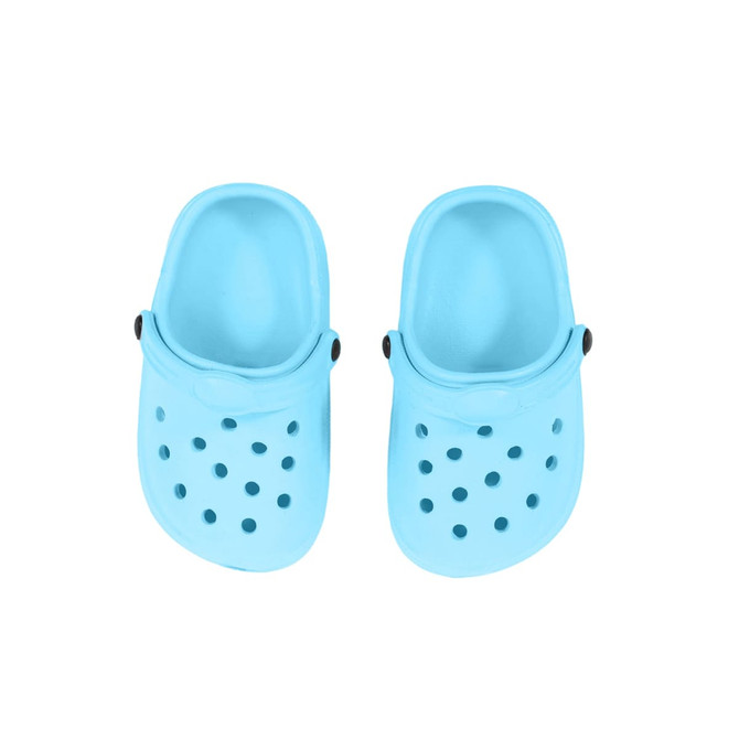 Light blue pet clog slides with ventilation holes and a strap on the heel. Features a logo on the side.