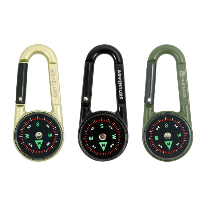 A set of three carabiner compasses in gold, black, and army green, each featuring a compass and thermometer.
