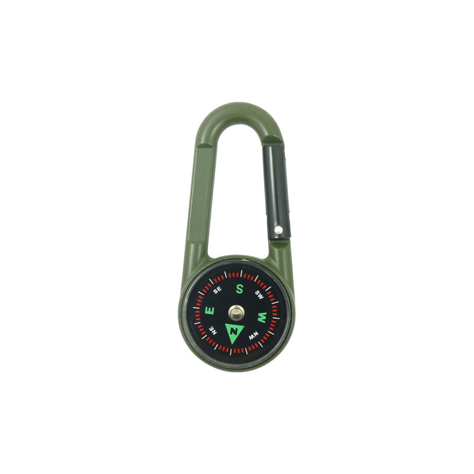 A green carabiner featuring a compass and thermometer, with a black dial showing cardinal directions.