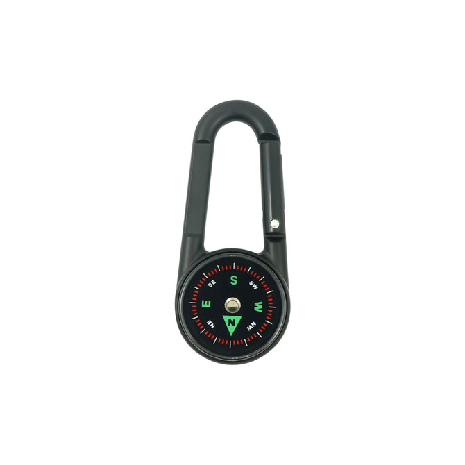 A black carabiner with a built-in compass and thermometer, featuring red and green directional markings.