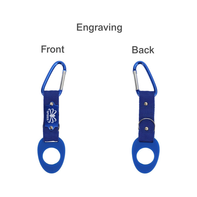A drink bottle holder with a blue rubber grip and a blue carabiner clip, featuring a logo.