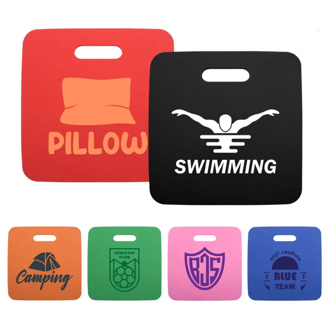 A set of square seat cushions in red, black, orange, purple, pink, and blue, featuring various logos and designs.