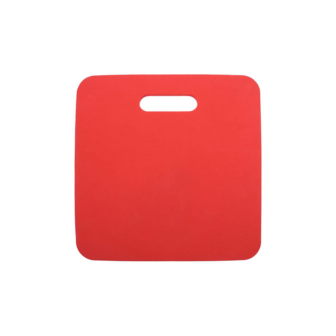 A red promotional stadium seat cushion with a cut-out handle. It has a smooth surface and no visible branding.