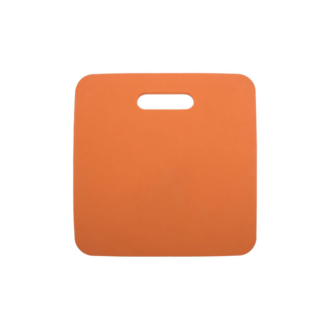 An orange stadium seat cushion with a handle for easy transport. It features a smooth surface and rounded corners.