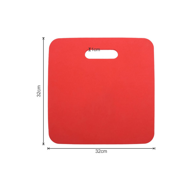 A red promotional stadium seat cushion with a handle, measuring 32 cm by 32 cm and 1 cm thick.