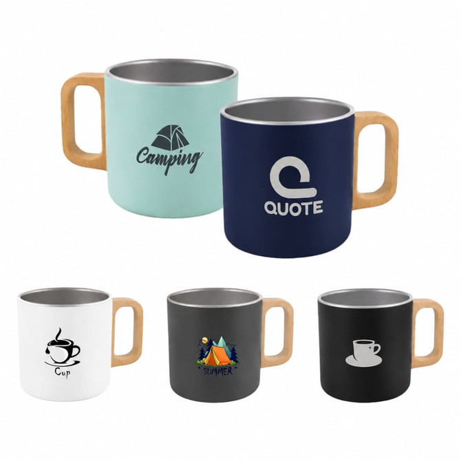 A set of five stainless steel insulated mugs in various colours, featuring wooden handles and different designs.