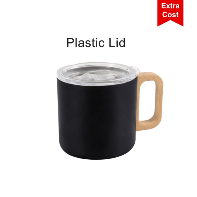 A drink mug made of black stainless steel, featuring a wooden handle and a clear plastic lid.