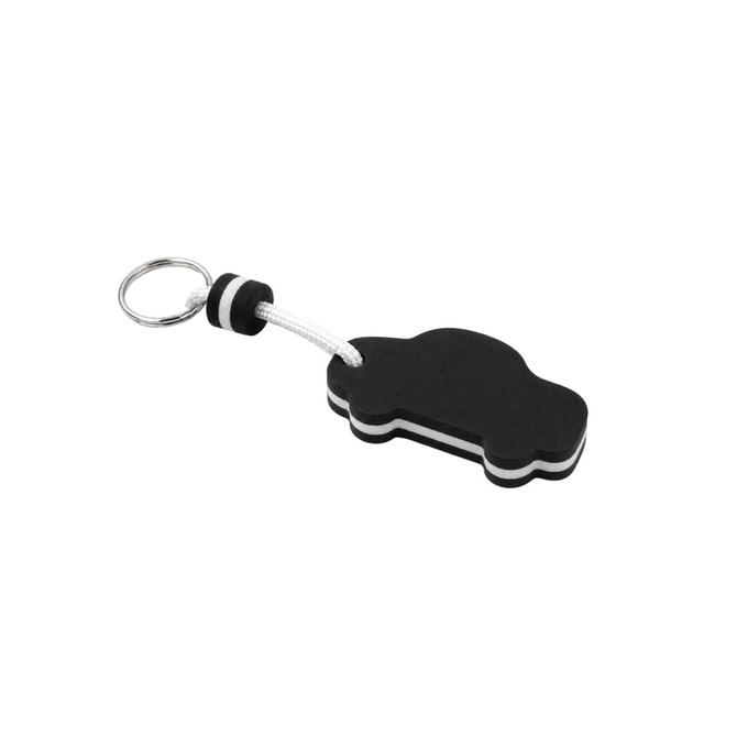 A black and white EVA floating keychain in the shape of a car, attached to a metal ring with a white cord.