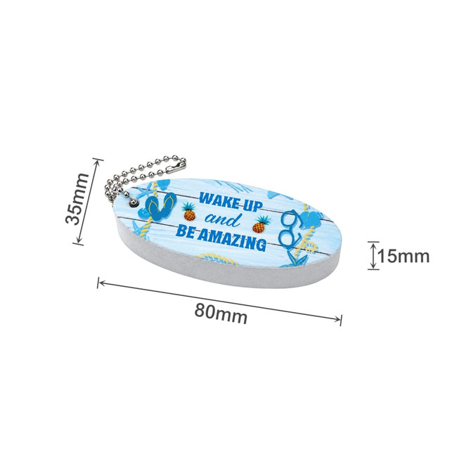 An oval floating keychain in blue with a colourful design and a silver chain. Dimensions: 80mm x 35mm x 15mm.