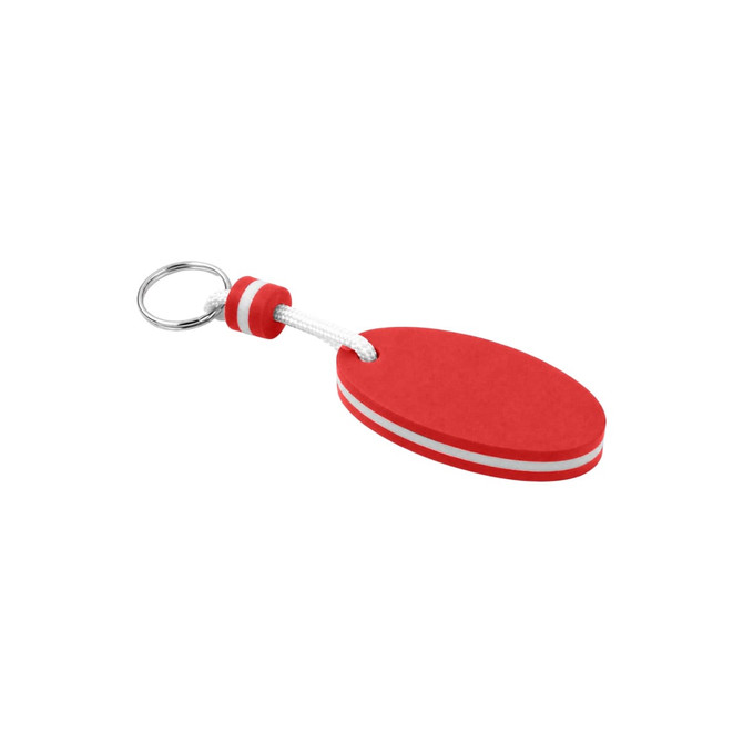 A red EVA floating keychain with white stripes and a metal keyring attachment.