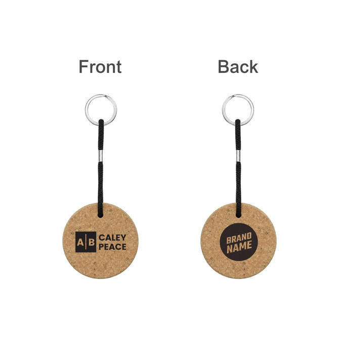 A round cork keyring with a metal loop, featuring branding on both sides. The keyring has a natural cork colour.