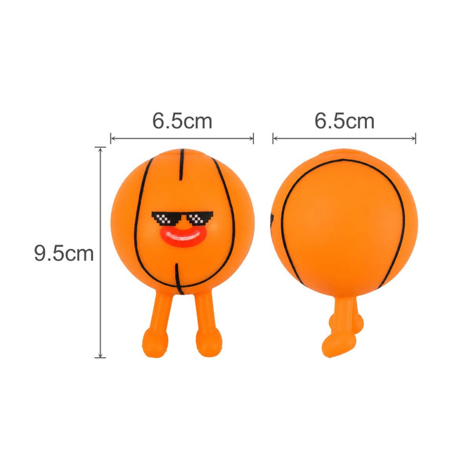 An orange squishy stress relief sport ball with feet, featuring a smiling face and sunglasses, dimensions displayed.