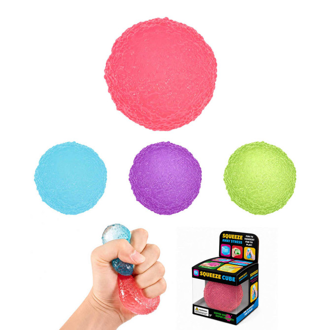 A selection of squishy stress relief mini balls in pink, blue, purple, and green, with packaging displayed.