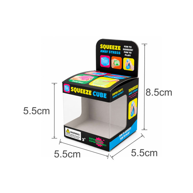 A display box for a squishy stress relief mini ball, featuring vibrant colours and a branded design. Dimensions are 8.5cm x 5.5cm.