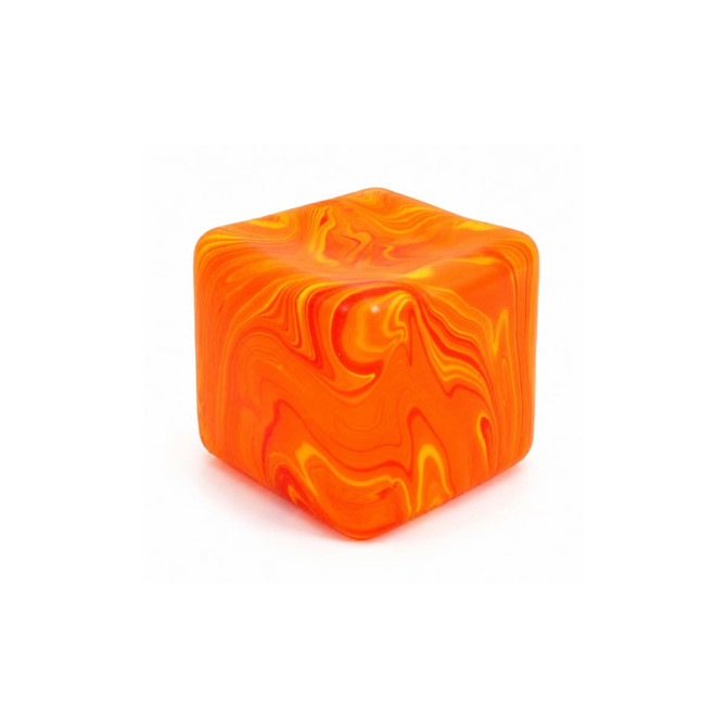 A colourful, swirled orange cube with vibrant yellow accents, featuring a smooth, squishy texture and a logo.
