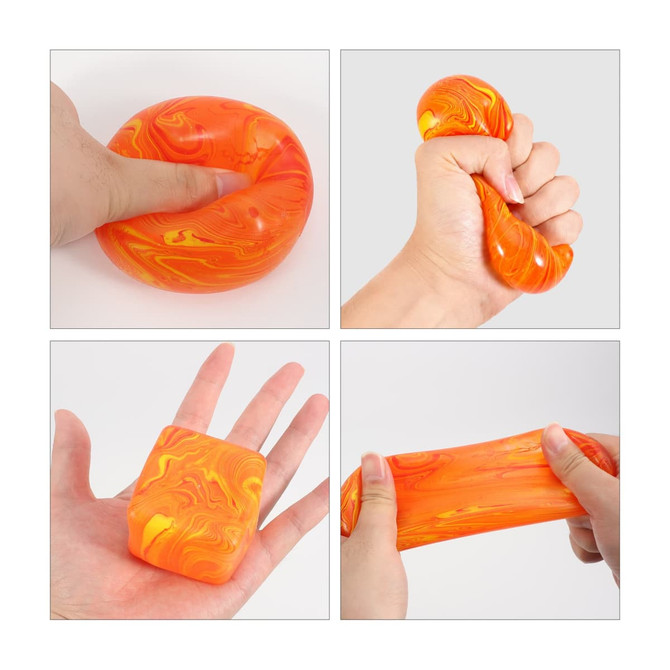 A colourful squishy stress relief cube in vibrant orange, featuring various shapes and textures. 