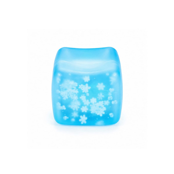 A blue squishy stress relief cube with white snowflake designs embedded inside. Features a smooth, glossy surface and rounded edges.