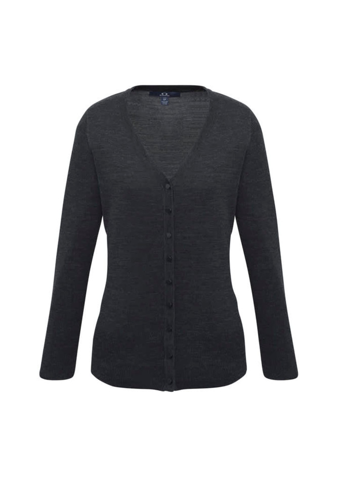 A charcoal grey women's Milano cardigan featuring a v-neck and buttons down the front. It has a logo on the label.