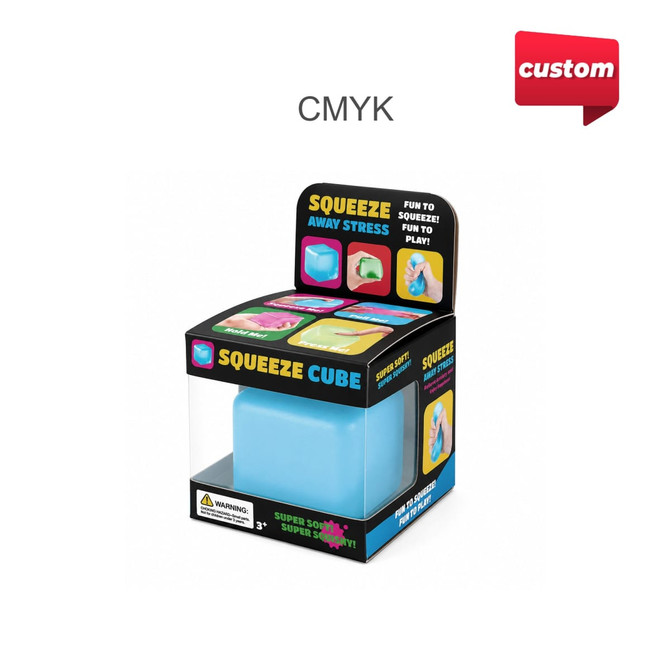 A blue stress relief cube packaged in a transparent box, featuring various images and a logo on the top.