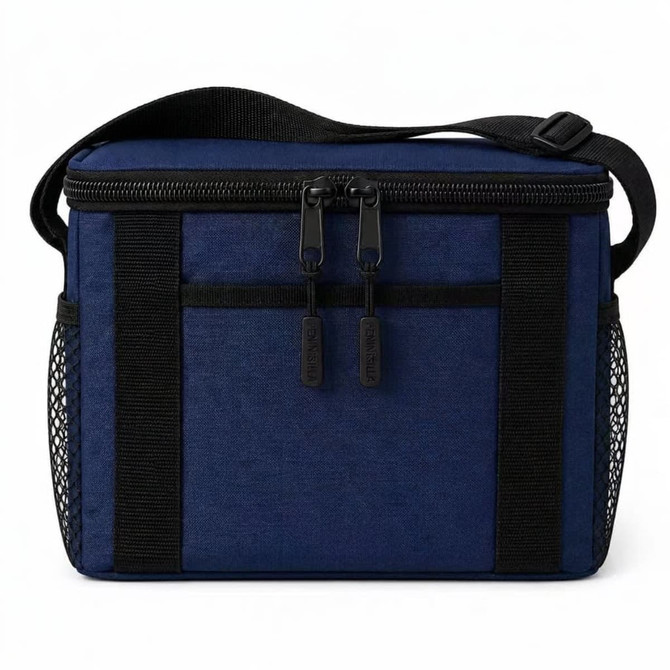 A dark navy cooler bag with a zip closure, side mesh pockets, and a detachable shoulder strap.