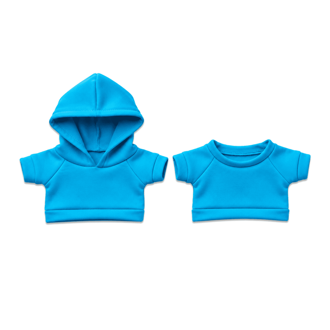 Two blue plush toy outfits, including a hooded sweatshirt and a short-sleeve top. Both are made of soft fabric.