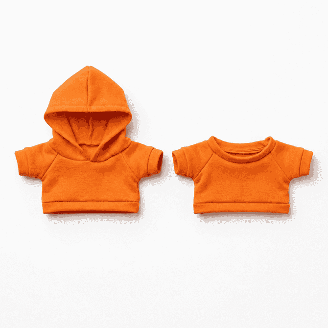 Two orange plush dog shirts, one with a hood and the other a short-sleeved design, displayed on a white background.