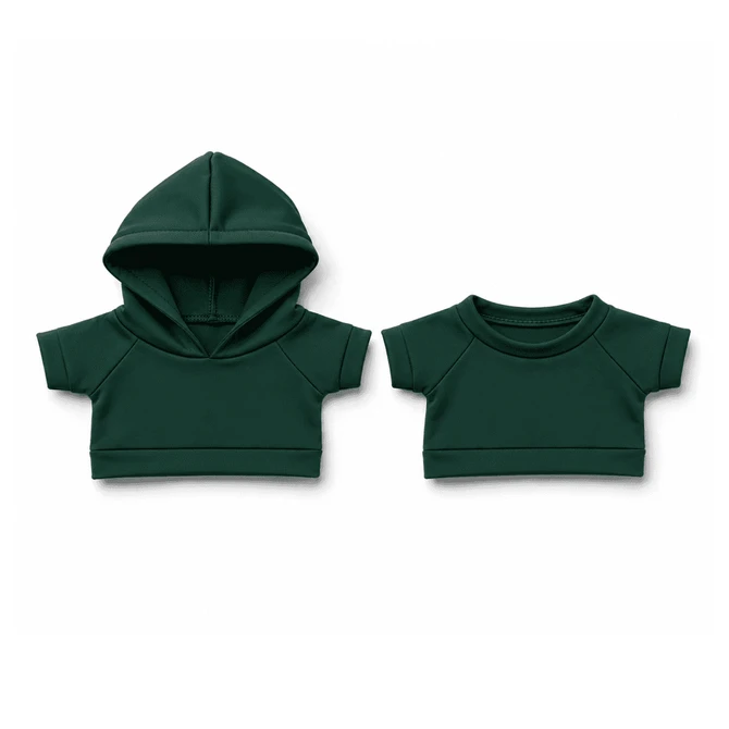 A set of green plush toy garments, including a hoodie and a short-sleeved top.