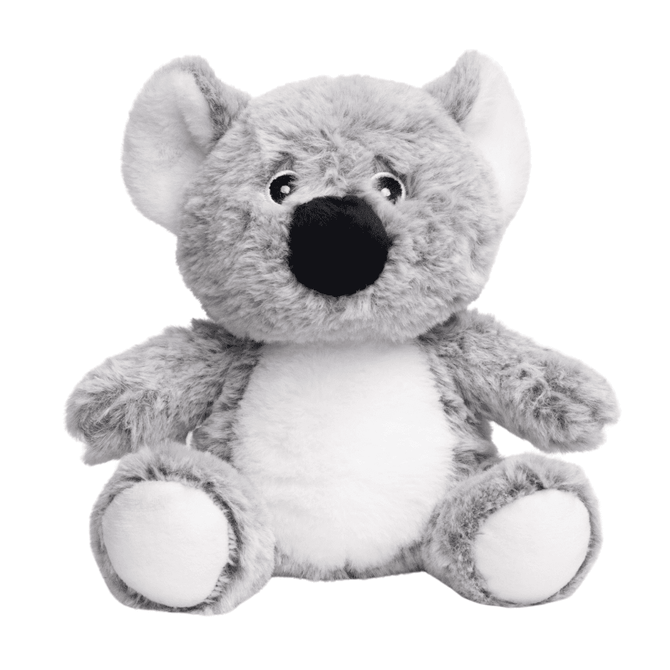 A grey koala plush toy with a white belly and large black nose, featuring cartoonish eyes and soft, fuzzy texture.