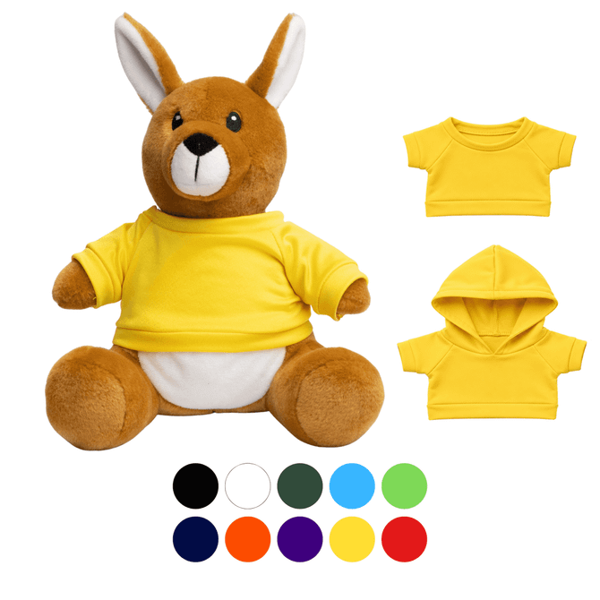 A brown kangaroo plush toy wearing a yellow top, with two additional clothing options in various colours.