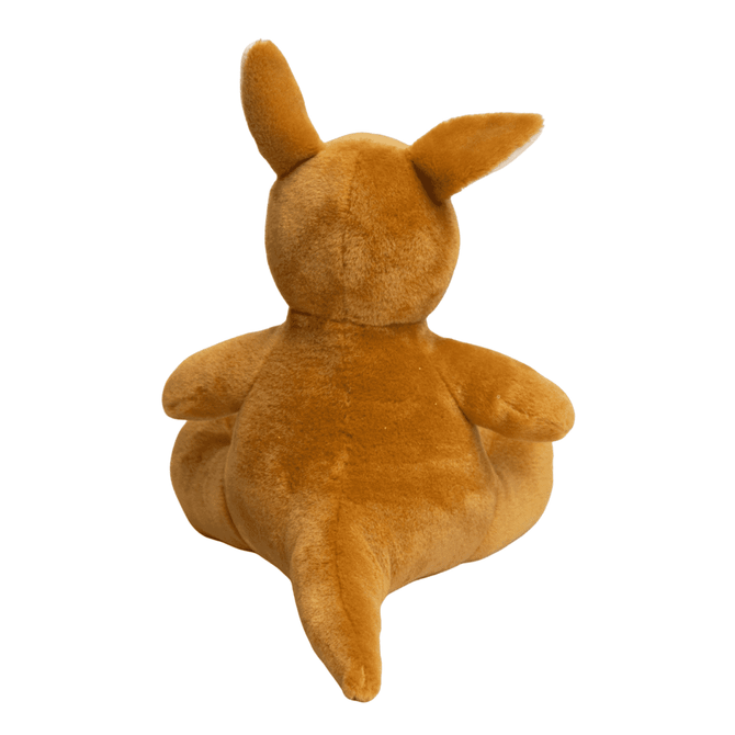 A plush toy kangaroo in a warm brown colour, featuring oversized ears and a rounded body.