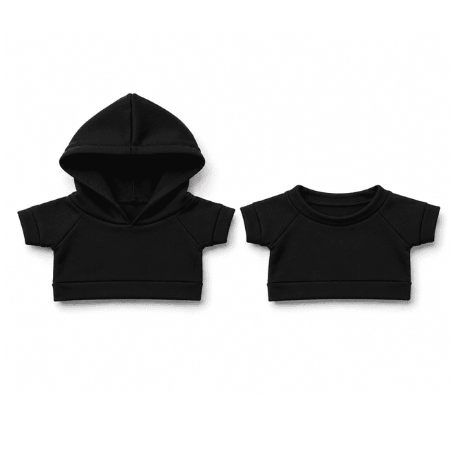 A set of two black plush toy outfits, including a hooded top and a short-sleeve top, both featuring a simple design.