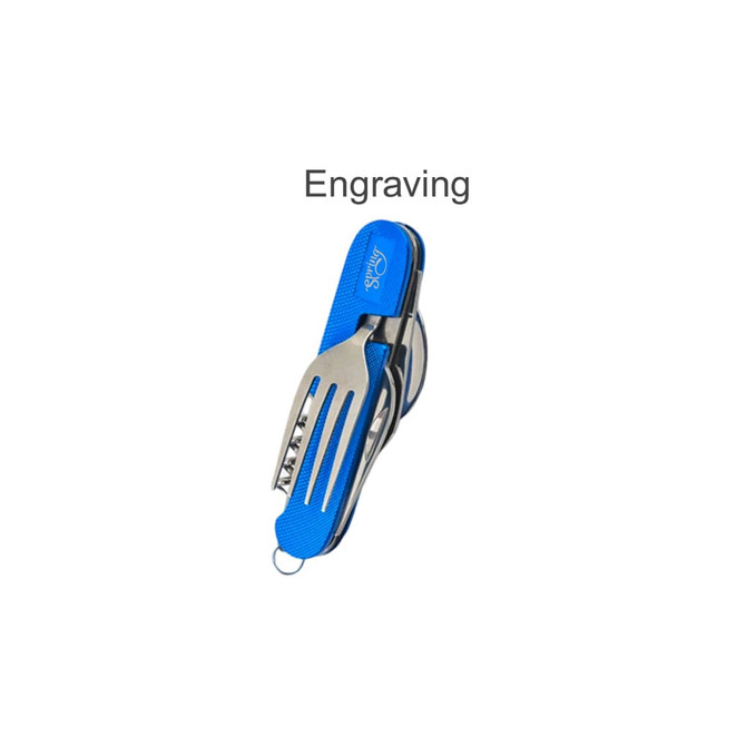 A blue 10-in-1 multi-function camping flatware utensil featuring a fork, knife, and bottle opener, with a branding logo.