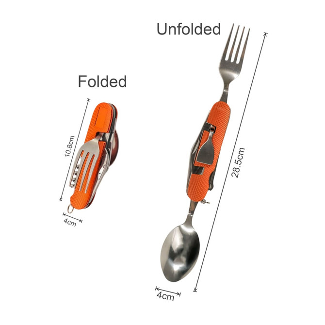 A multi-function camping flatware utensil in orange, featuring a fork, spoon, and additional tools, both folded and unfolded.