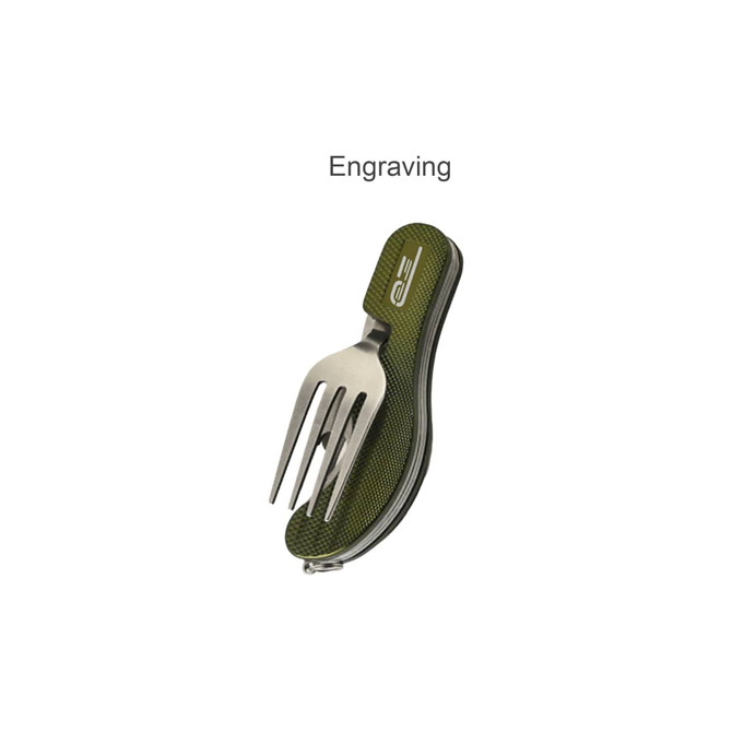 A green camping cutlery set featuring a stainless steel fork with a compact design. Includes branding.
