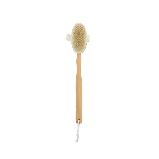 A detachable shower brush with a long wooden handle and a textured bristle head. It features a hanging loop.