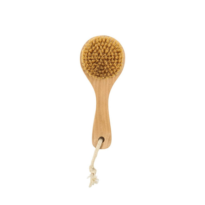 A round body brush with a short wooden handle and a natural bristle head, featuring a hanging cord.